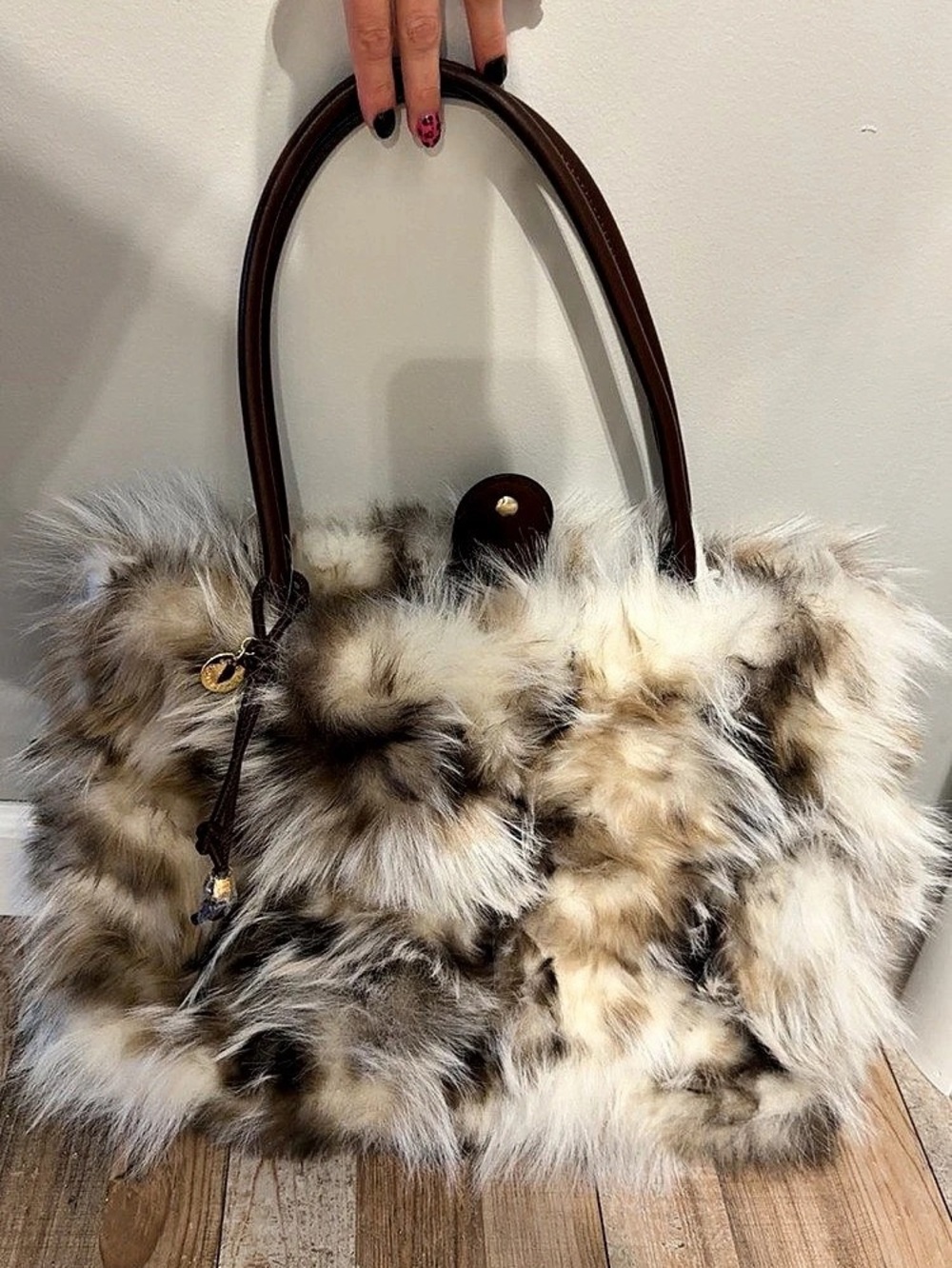 BCBG Generation Cream Brown Faux Fur Tote Bag